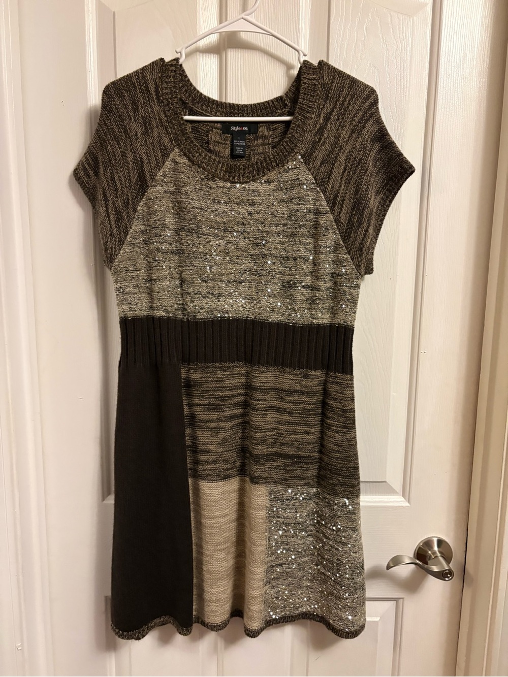 Style & Co. Brown Multi-Tone Short Sleeve Sweater Dress with Metallic Detail